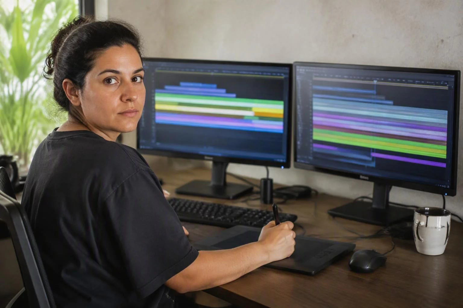 Animadora conferindo a linha do tempo de uma vinheta em dois monitores